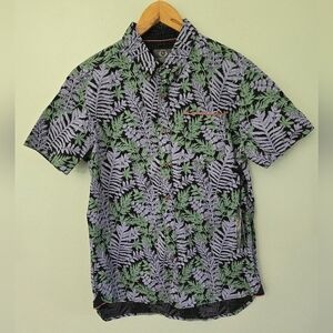 Stitches & Rivets Mens Shirt S Short Sleeve Button Front Purple Green Leaf